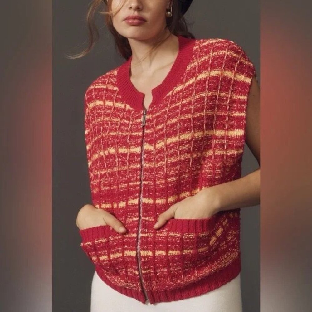 Maeve Red and Cream Tweed Zip-Front Sweater Vest